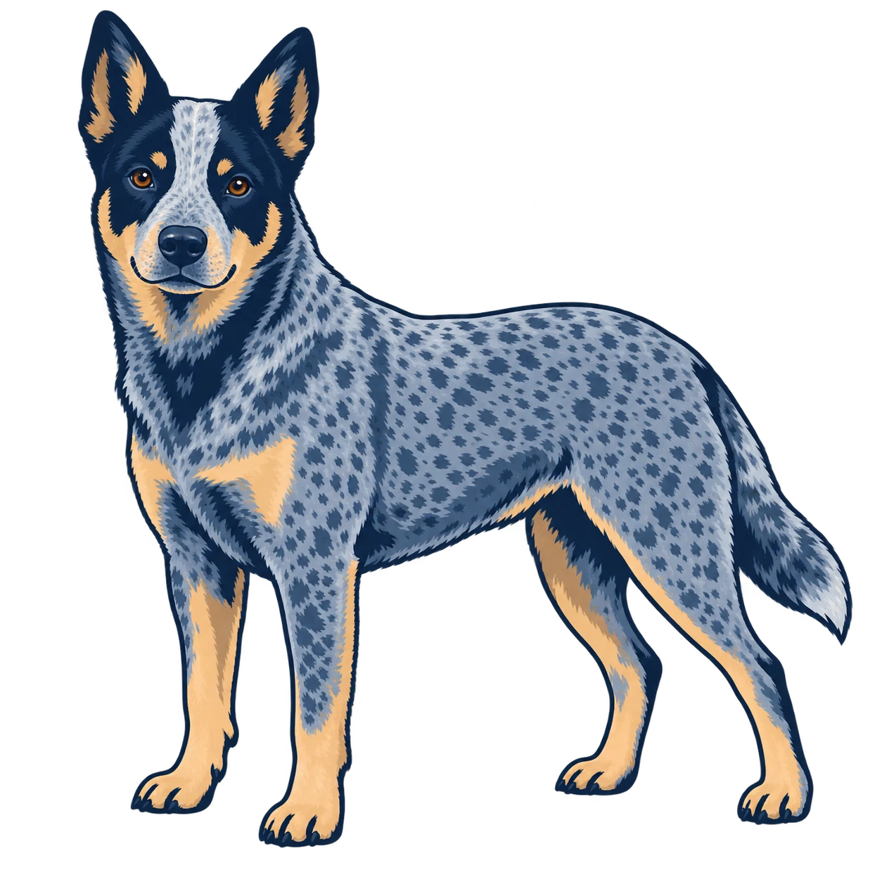 Blue heeler with two dark patches around its eyes and ears