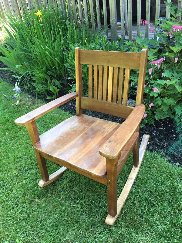 Wooden rocking chair in a garden, from Peter’s furniture projects